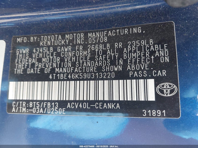 2009 TOYOTA CAMRY VIN: 4T1BE46K59U313220
