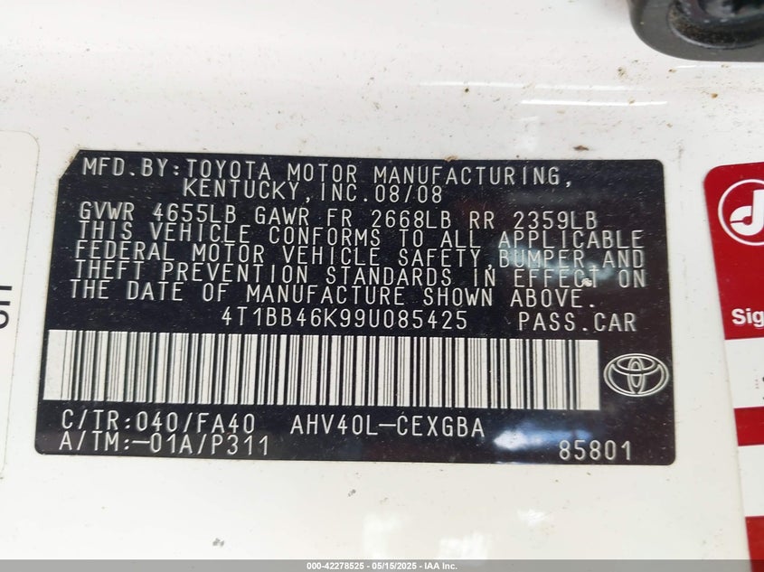 2009 TOYOTA CAMRY VIN: 4T1BB46K99U085425