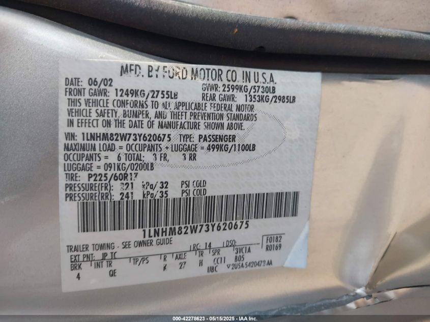 2003 Lincoln Town Car Signature VIN: 1LNHM82W73Y620675 Lot: 42278623