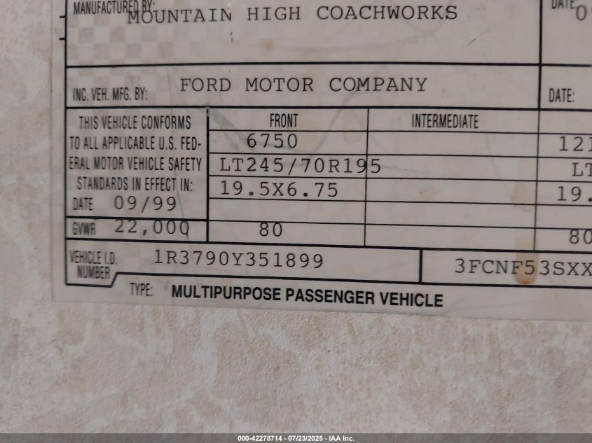 1999 Ford F550 Super Duty Stripped Chass VIN: 3FCNF53SXXJA02507 Lot: 42278714