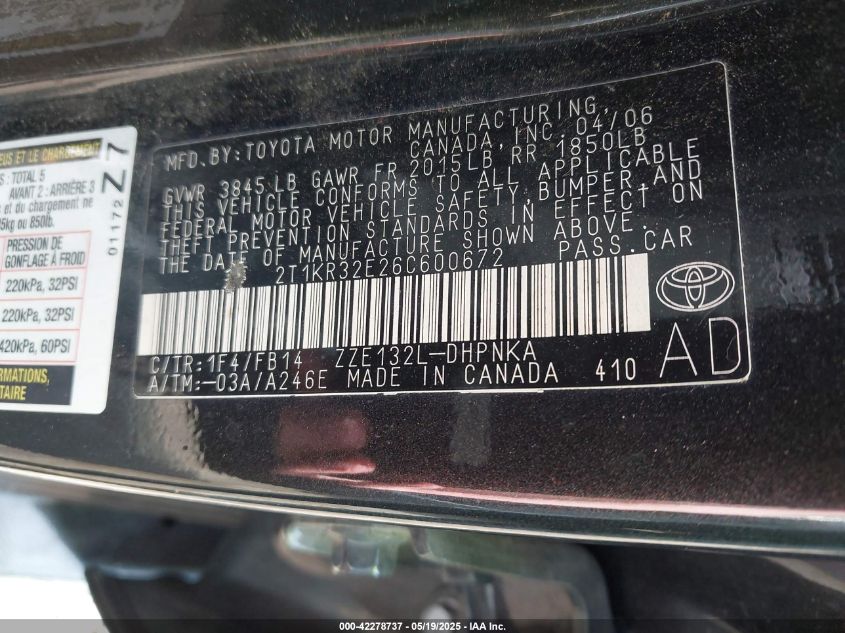 2006 Toyota Matrix Xr VIN: 2T1KR32E26C600672 Lot: 42278737