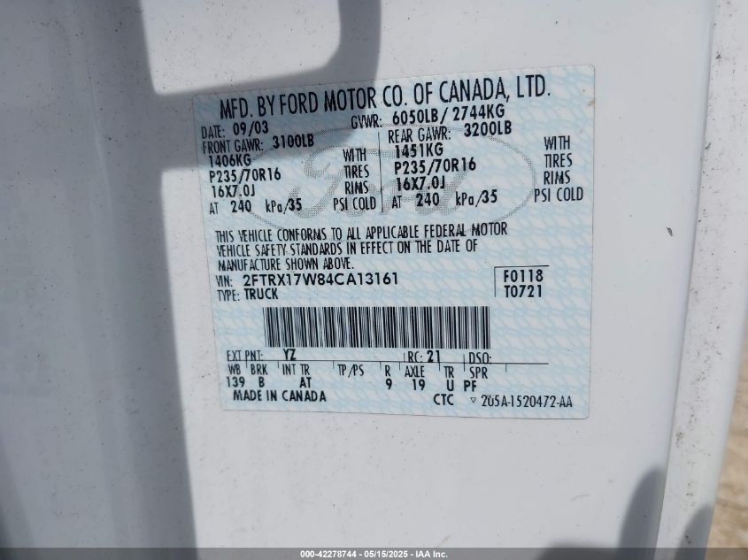 2004 Ford F-150 Heritage Xl/Xlt VIN: 2FTRX17W84CA13161 Lot: 42278744