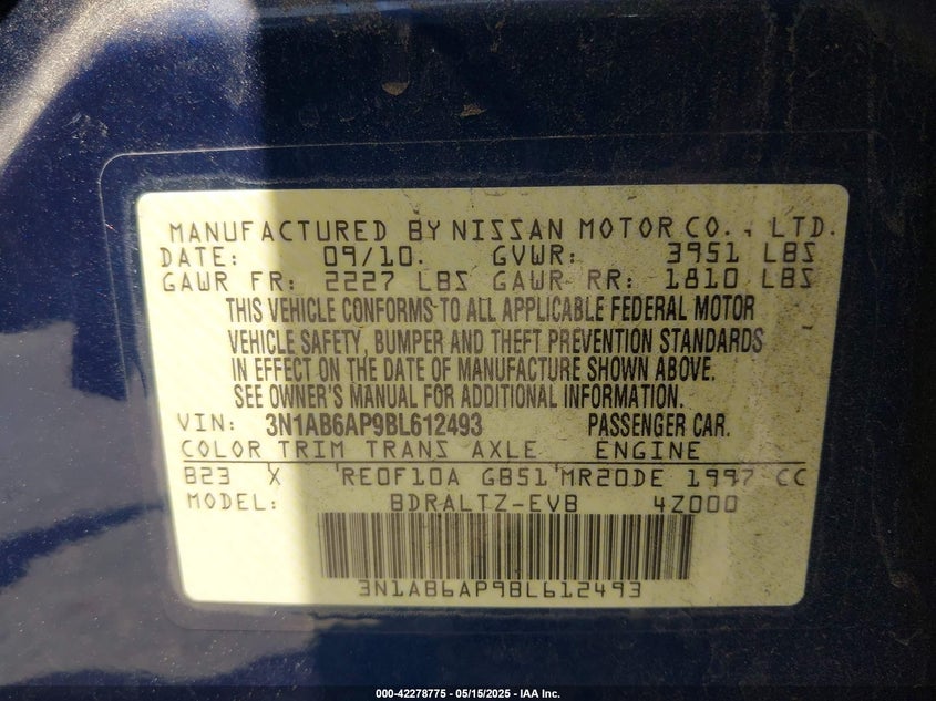 2011 NISSAN SENTRA VIN: 3N1AB6AP9BL612493