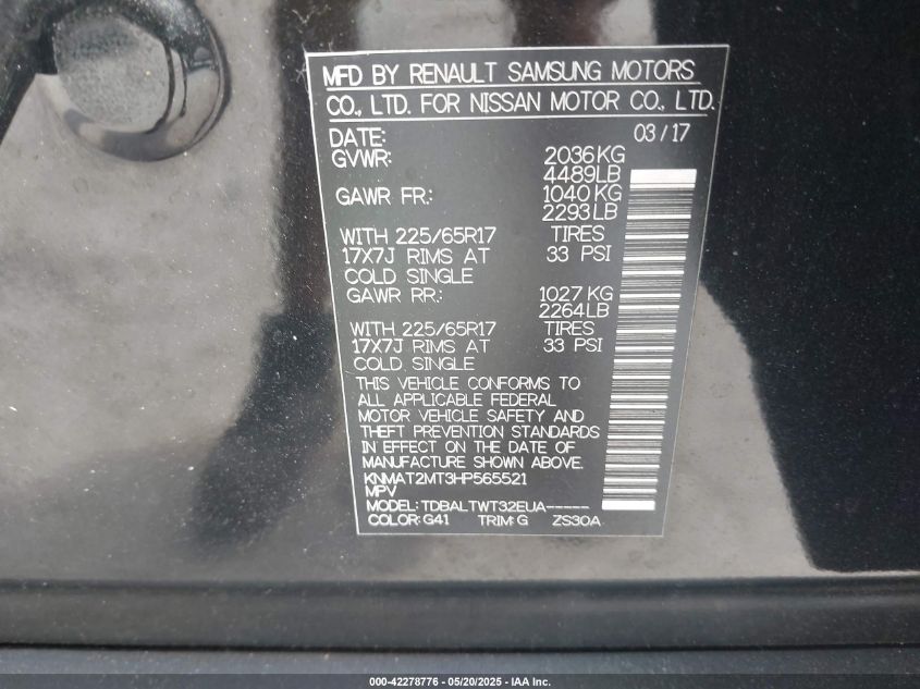 2017 Nissan Rogue Sv VIN: KNMAT2MT3HP565521 Lot: 42278776