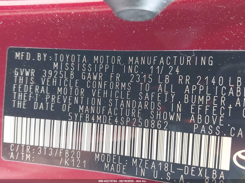 2025 TOYOTA COROLLA VIN: 5YFB4MDE4SP250862