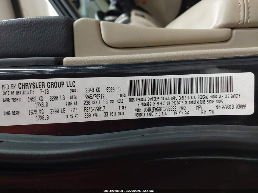 2014 JEEP GRAND CHEROKEE VIN: 1C4RJFAG8EC220222