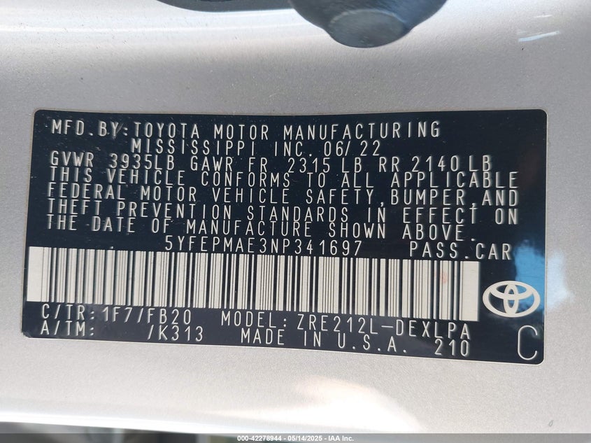 2022 TOYOTA COROLLA VIN: 5YFEPMAE3NP341697