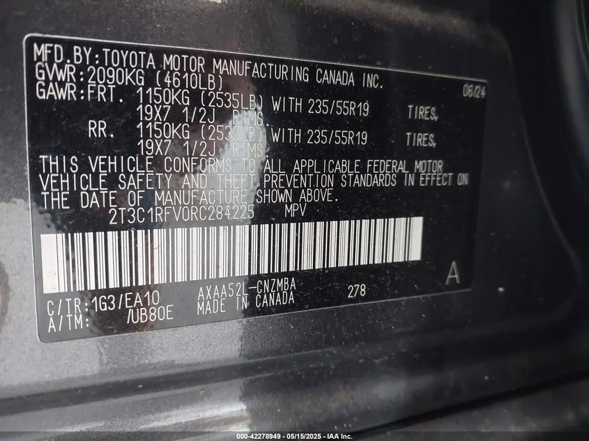 2024 TOYOTA RAV4 VIN: 2T3C1RFV0RC284225