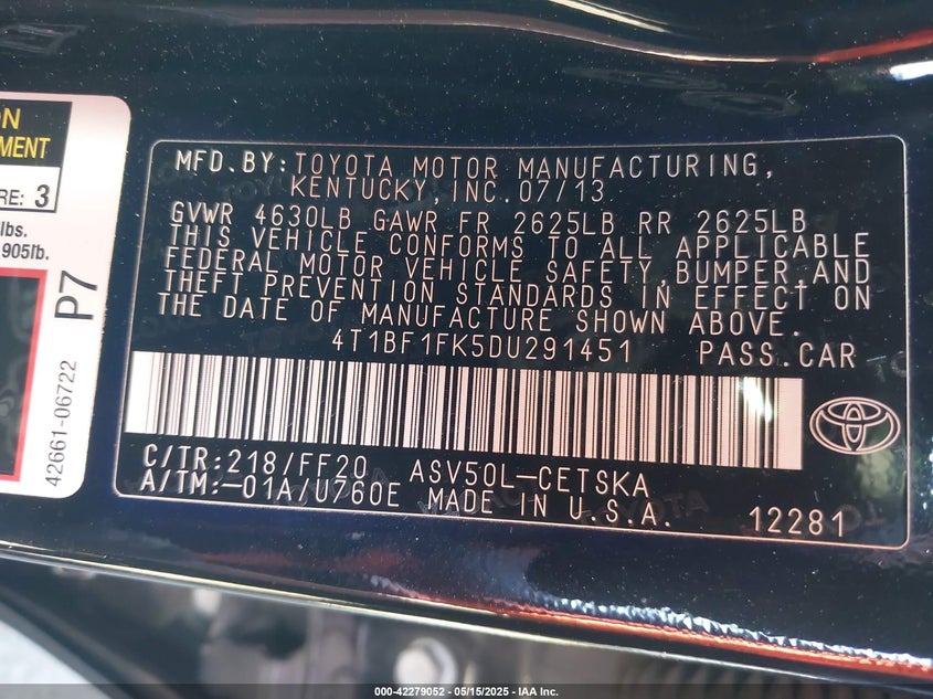 2013 TOYOTA CAMRY VIN: 4T1BF1FK5DU291451