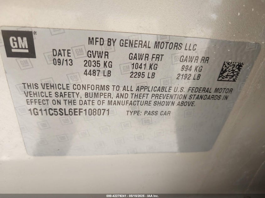 2014 CHEVROLET MALIBU VIN: 1G11C5SL6EF108071