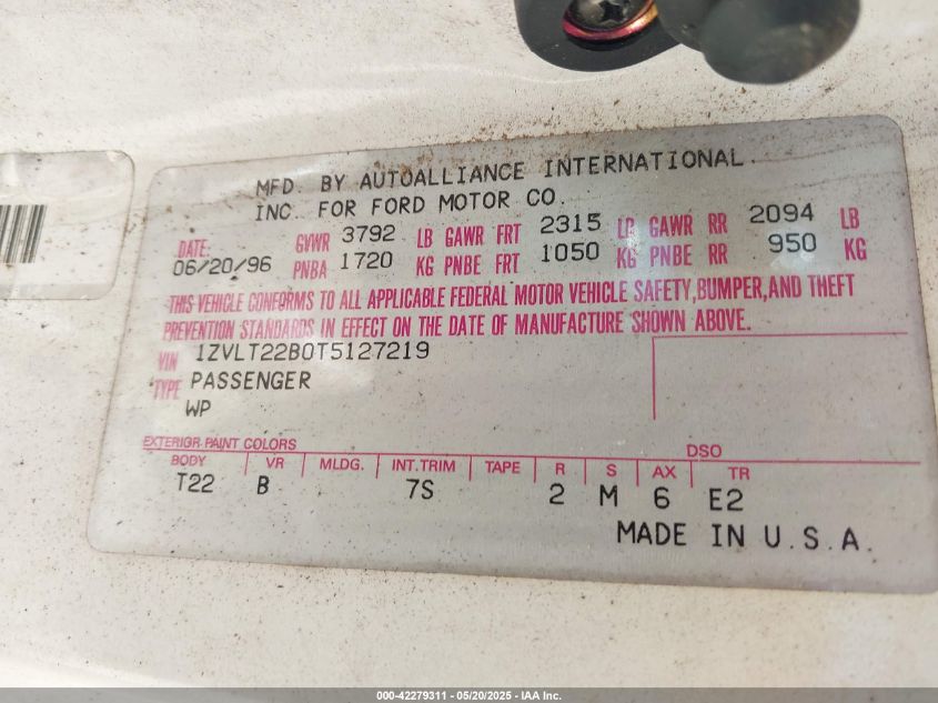 1996 Ford Probe Gt VIN: 1ZVLT22B0T5127219 Lot: 42279311