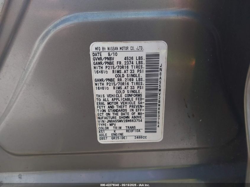 2011 Nissan Rogue S VIN: JN8AS5MV2BW663754 Lot: 42279340