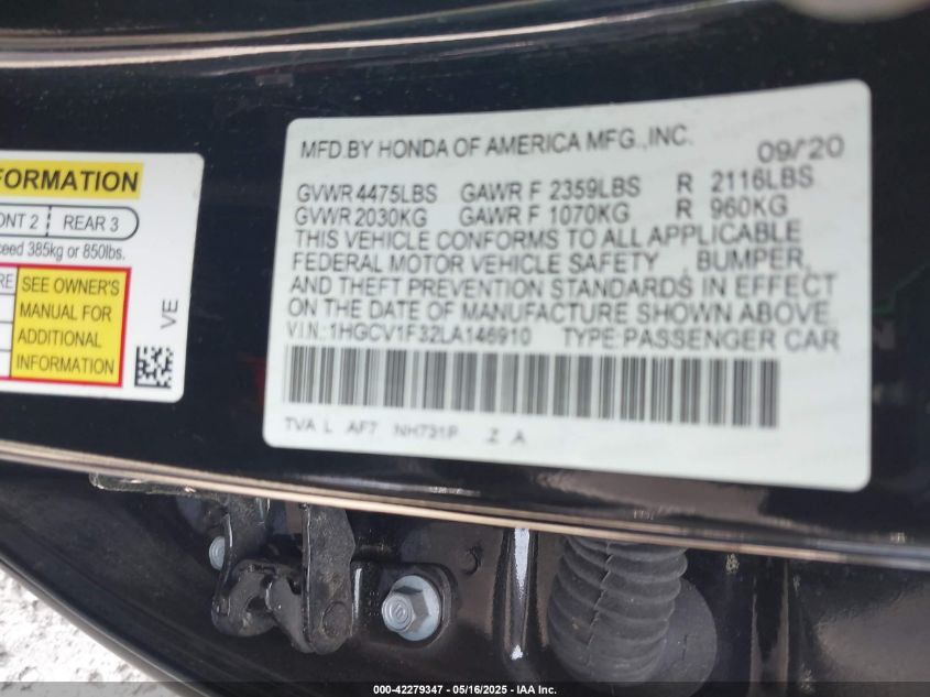 2020 Honda Accord Sport VIN: 1HGCV1F32LA14691 Lot: 42279347