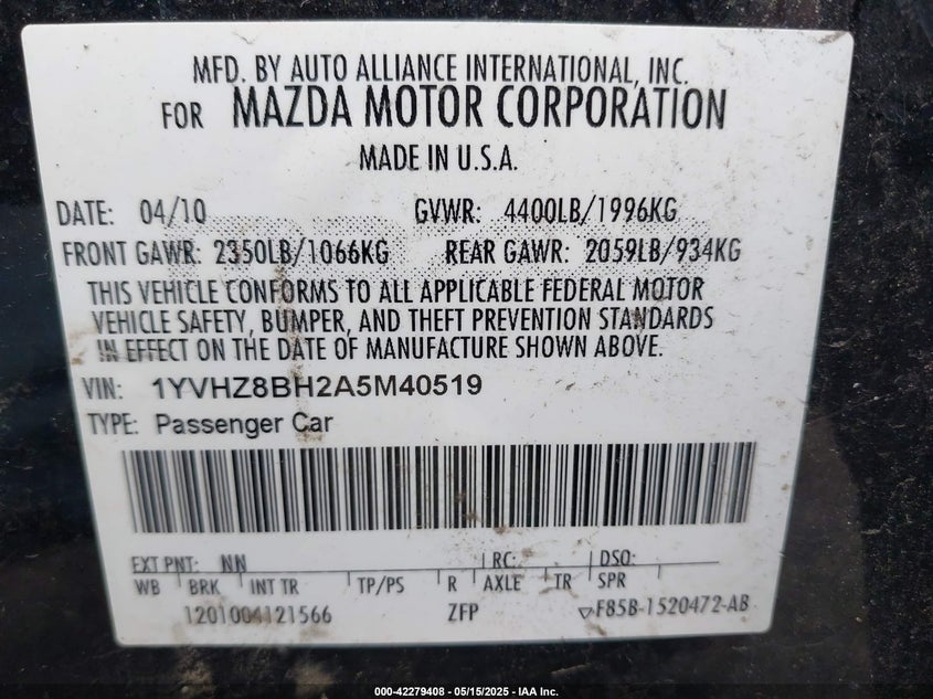 2010 MAZDA MAZDA6 VIN: 1YVHZ8BH2A5M40519