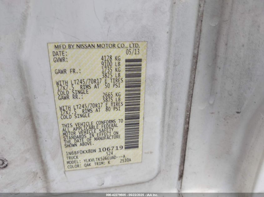 2013 Nissan Nv Cargo Nv2500 Hd Sv V6 VIN: 1N6BF0KX8DN106719 Lot: 42279505