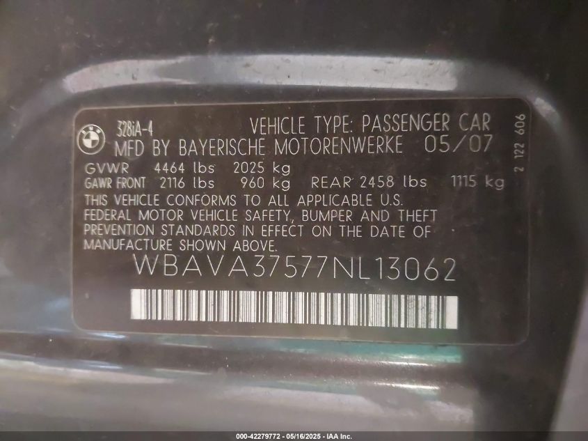 2007 BMW 328I VIN: WBAVA37577NL13062 Lot: 42279772
