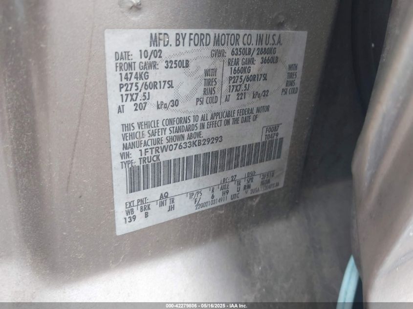 2003 Ford F-150 Lariat/Xlt VIN: 1FTRW07633KB29293 Lot: 42279806