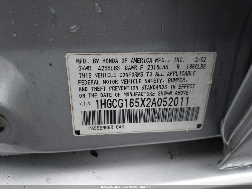 2002 Honda Accord 3.0 Ex VIN: 1HGCG165X2A052011 Lot: 42279829
