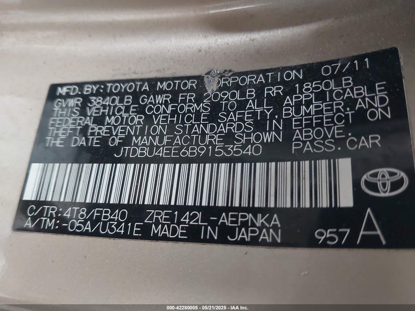 2011 TOYOTA COROLLA VIN: JTDBU4EE6B9153540
