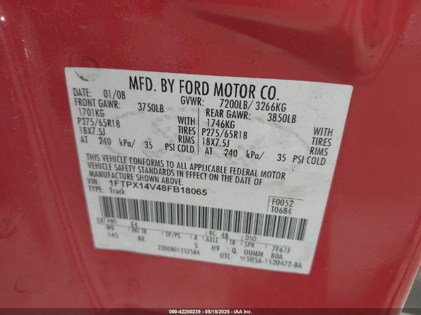 2008 Ford F150 VIN: 1FTPX14V48FB18069 Lot: 42280239