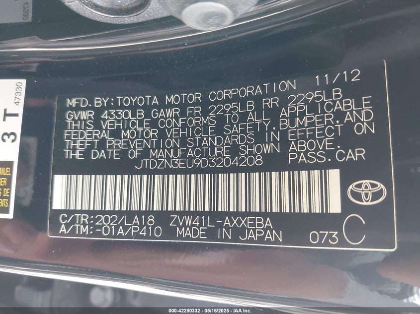 2013 TOYOTA PRIUS V VIN: JTDZN3EU9D3204208