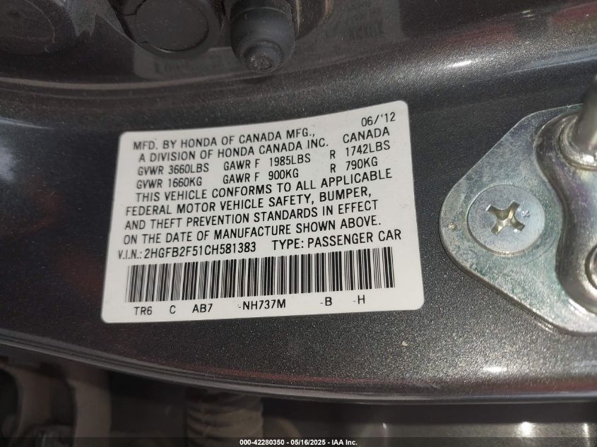 2012 Honda Civic Lx VIN: 2HGFB2F51CH58138 Lot: 42280350