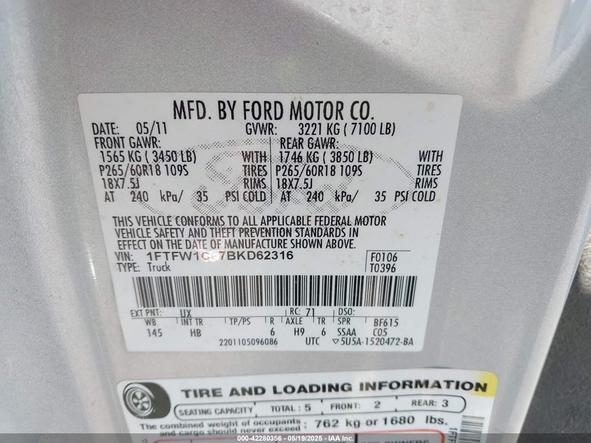 2011 FORD F-150 VIN: 1FTFW1CF7BKD62316