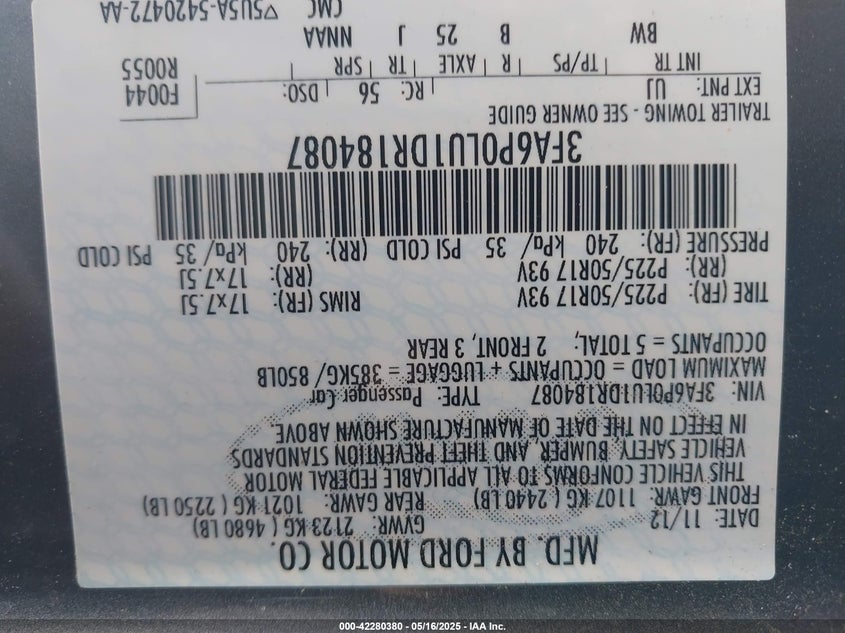 2013 FORD FUSION HYBRID VIN: 3FA6P0LU1DR184087