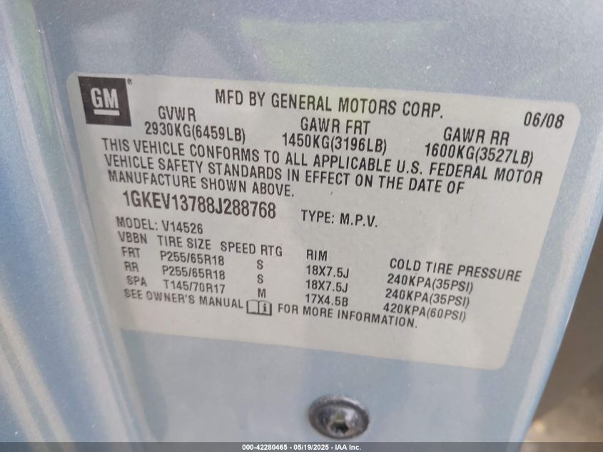 2008 GMC Acadia Sle-1 VIN: 1GKEV13788J288768 Lot: 42280465