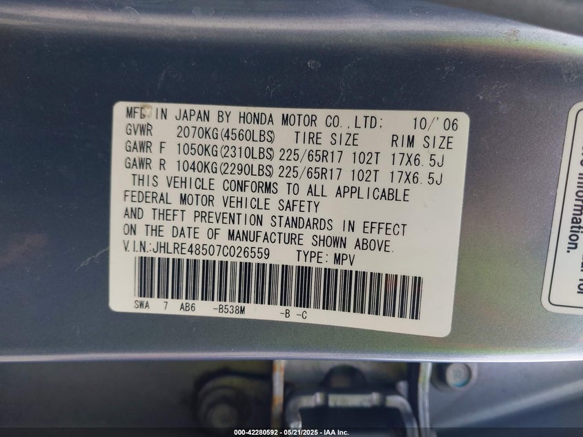 2007 HONDA CR-V VIN: JHLRE48507C026559