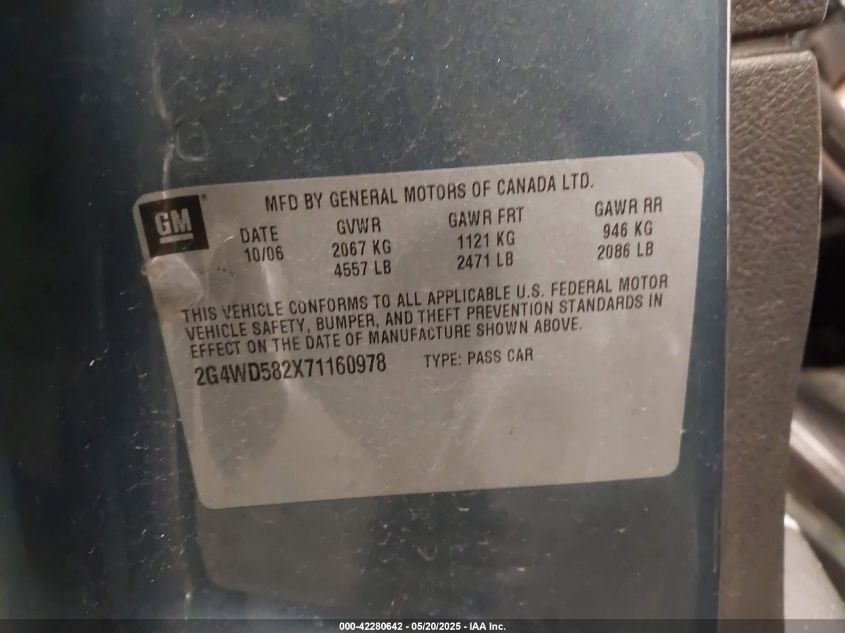 2007 Buick Lacrosse Cxl VIN: 2G4WD582X71160978 Lot: 42280642