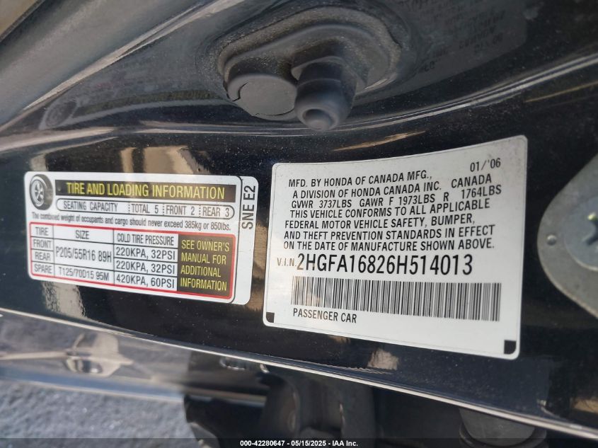 2006 Honda Civic Ex VIN: 2HGFA16826H514013 Lot: 42280647