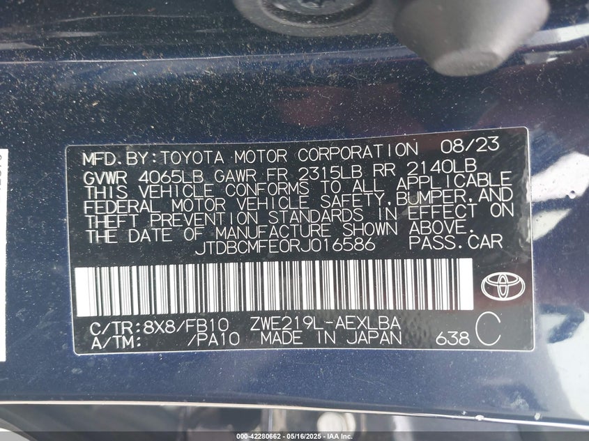 2024 TOYOTA COROLLA VIN: JTDBCMFE0RJ016586