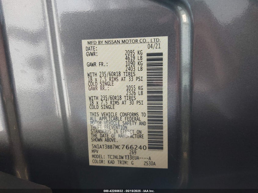 2021 NISSAN ROGUE VIN: 5N1AT3BB7MC766240