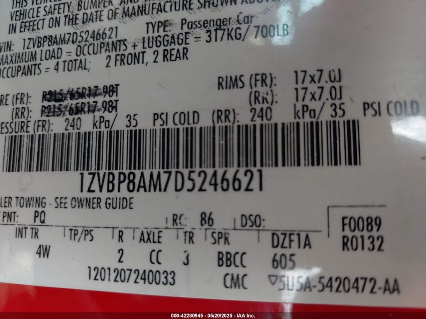 2013 Ford Mustang V6 Premium VIN: 1ZVBP8AM7D5246621 Lot: 42280945