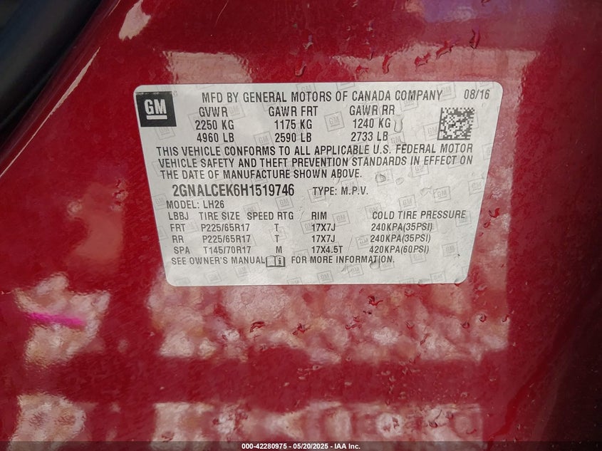 2017 CHEVROLET EQUINOX LT - 2GNALCEK6H1519746