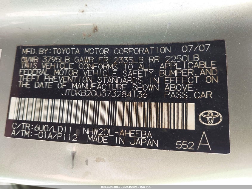 2007 TOYOTA PRIUS VIN: JTDKB20U373284136