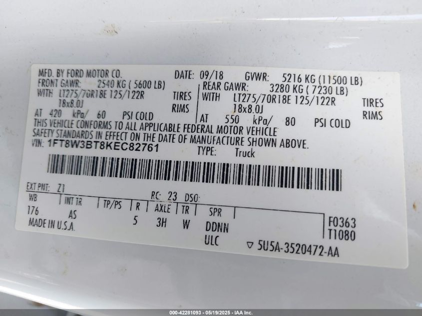 2019 Ford F-350 Xl VIN: 1FT8W3BT8KEC82761 Lot: 42281093