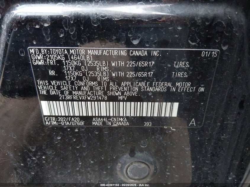 2015 TOYOTA RAV4 VIN: 2T3RFREVXFW291478