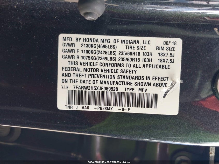 VIN 7FARW2H5XJE069528 2018 HONDA CR-V EX