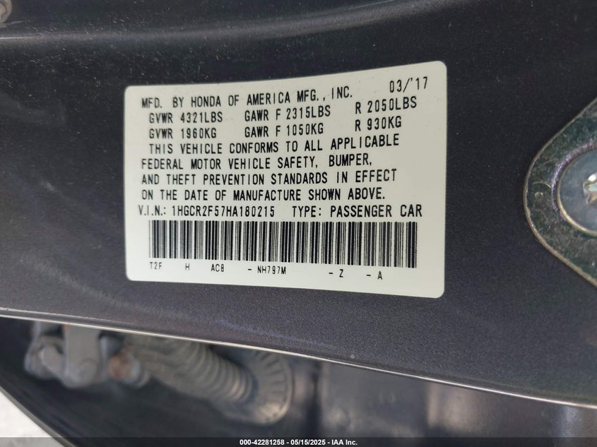 2017 HONDA ACCORD VIN: 1HGCR2F57HA180215