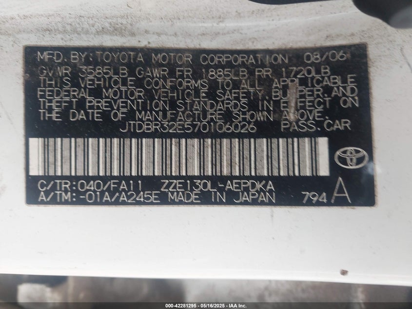 2007 TOYOTA COROLLA VIN: JTDBR32E570106026