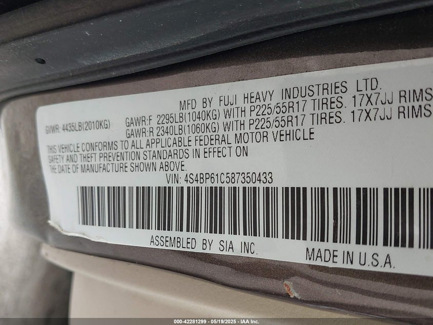 2008 SUBARU OUTBACK VIN: 4S4BP61C587350433