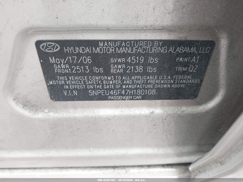 2007 HYUNDAI SONATA VIN: 5NPEU46F47H180108