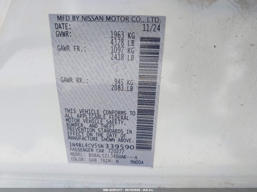 VIN 1N4BL4CV5SN339590 2025 NISSAN ALTIMA SR FWD