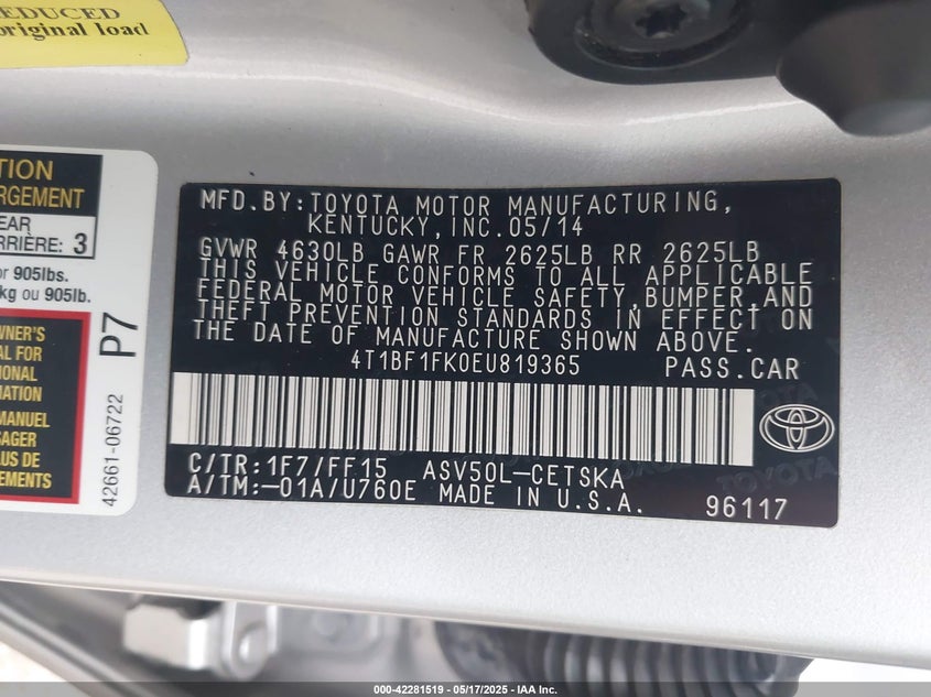 2014 TOYOTA CAMRY VIN: 4T1BF1FK0EU819365