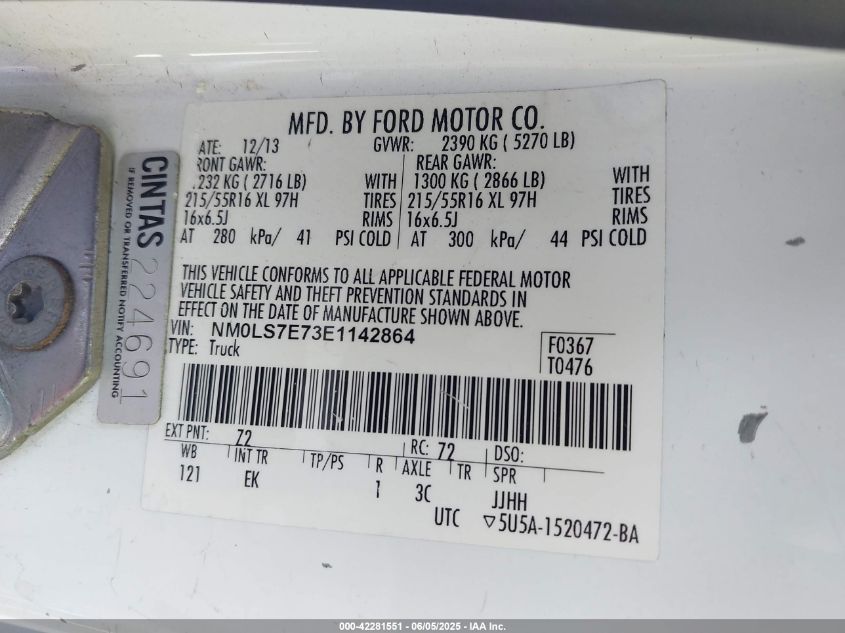 2014 Ford Transit Connect Xl VIN: NM0LS7E73E1142864 Lot: 42281551