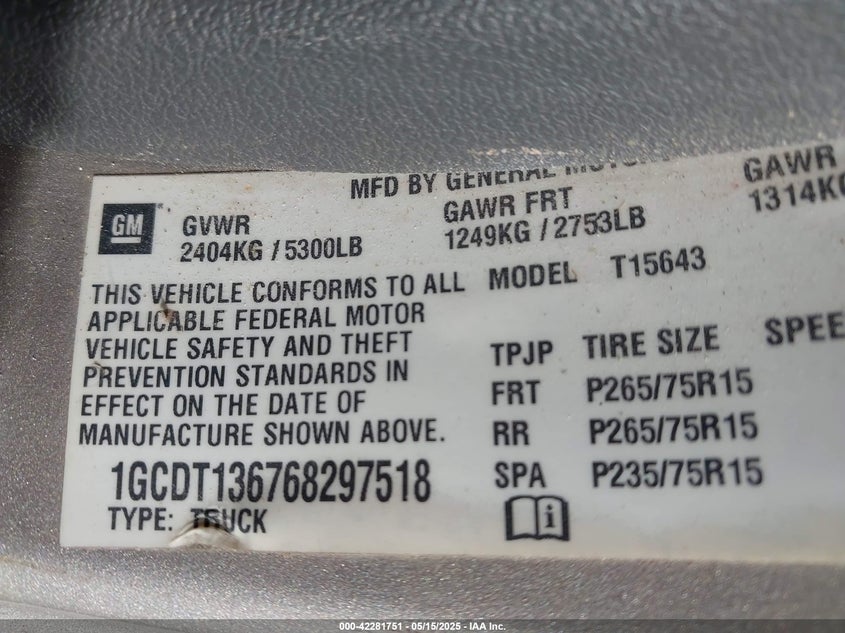 2006 CHEVROLET COLORADO VIN: 1GCDT136768297518