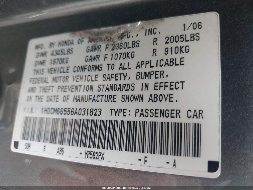 2006 Honda Accord 3.0 Ex VIN: 1HGCM66556A031823 Lot: 42281805