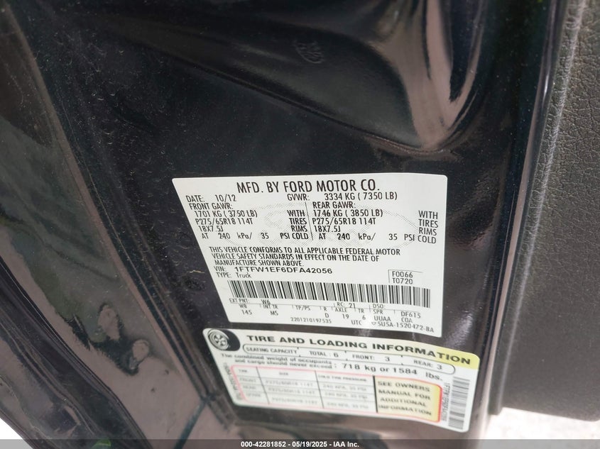 2013 FORD F-150 VIN: 1FTFW1EF6DFA42056